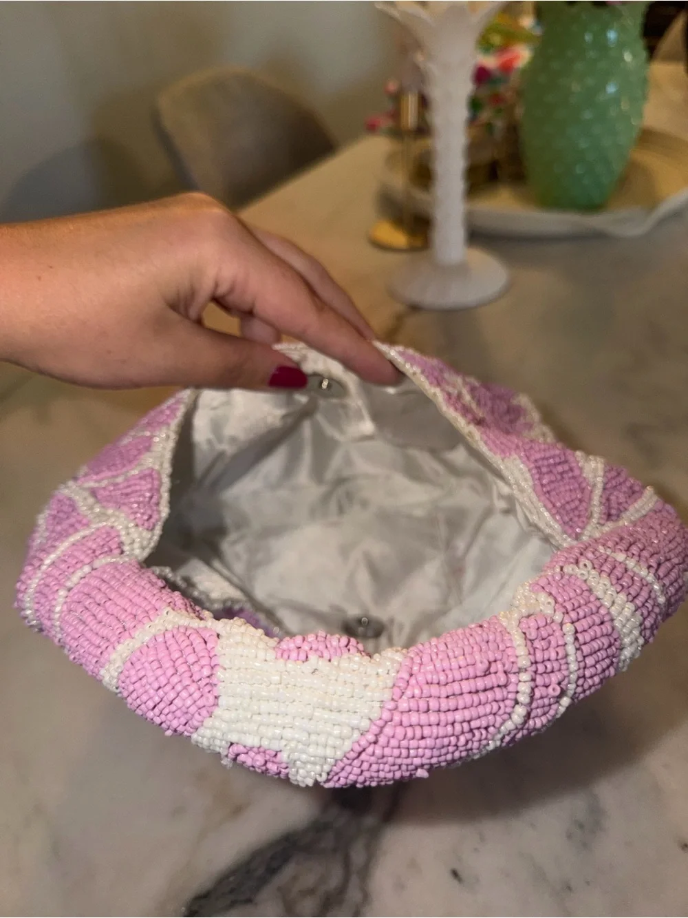 Kelly & Katie Pink and White Beaded Circle-Handle Clutch